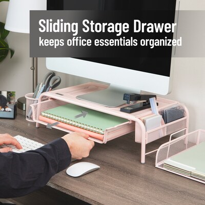 Mind Reader Monitor Stand with Paper Tray, Metal, Pink (MESHMONSTA-PNK)