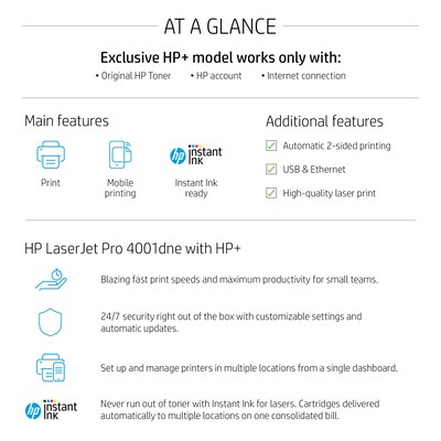 HP LaserJet Pro 4001dne Black & White Printer with Bonus 3 Months Instant Ink (2Z600E#BGJ)