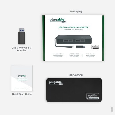 Plugable 4K USB 3.0 & USB-C to DisplayPort and HDMI Dual Monitor Adapter, Male to Female, Black (USBC-6950U)