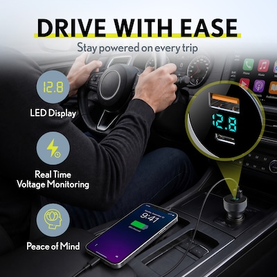 Overtime A40 54W Dual-Port USB-C and USB-A Car Charger with LED Voltage Display, Black (OCA40BK)