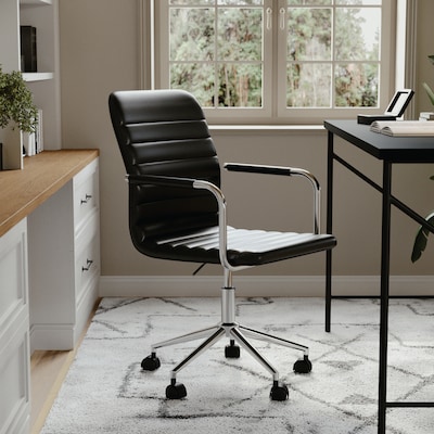 Martha Stewart Taytum Faux Leather Swivel Office Chair, Black/Polished Nickel (CH142370BK)