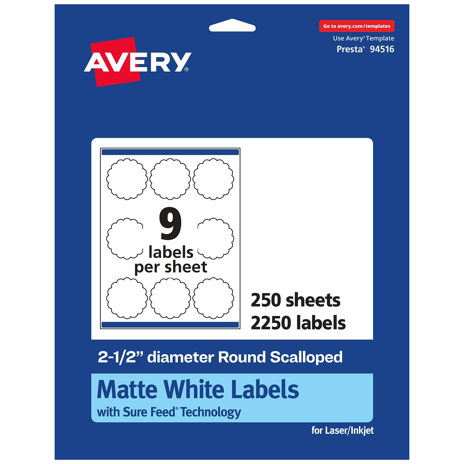 Avery Laser/Inkjet Multipurpose Labels, 2.5  x 2.5, Matte White, 2250/Box (94516)