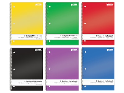 Better Office 3-Subject Notebooks, 8" x 10.5", College Ruled, 120 Sheets, 6/Pack (25736-6PK)