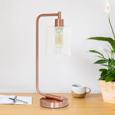 Creekwood Home Vintage Vantage 18.8" Minimalist Industrial Curved Arm Desk Lamp w/ Clear Glass Shade, Rose Gold (CWD-1015-RG)