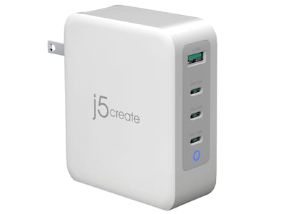 j5create 130W GaN USB-C 4-Port Charger for Laptops, Tablets, and Mobile Devices, White (JUP43130)