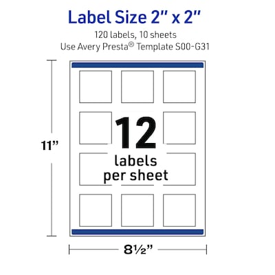 Avery Square Laser/Inkjet Multipurpose Labels, 2" x 2", White, 120/Pack (19479371054)