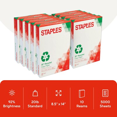 Staples 30% Recycled 8.5-Inch x 14-Inch Copy Paper 20 lb 92 Bright 500/Ream 10 Ream/Count