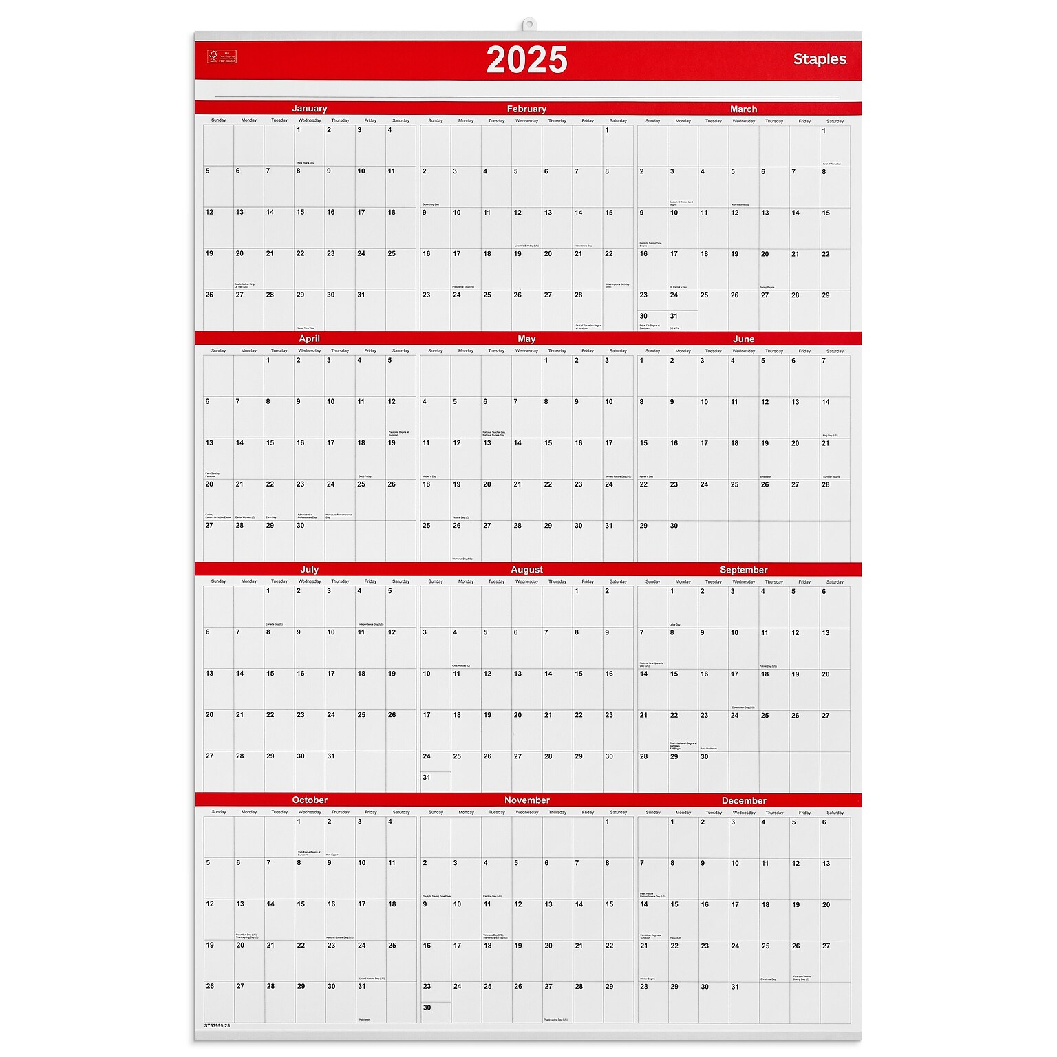 2025 Staples 24 x 36 Wall Calendar, Red/Black/White (ST53999-25)