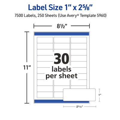 Avery Easy Peel Laser Address Labels, 1" x 2 5/8", Matte White, 7500 Labels/Box (5960)