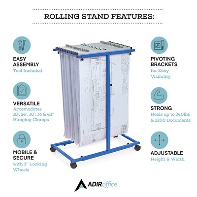 AdirOffice Steel Rolling Stand Plan Center, Blue (614-BLU)