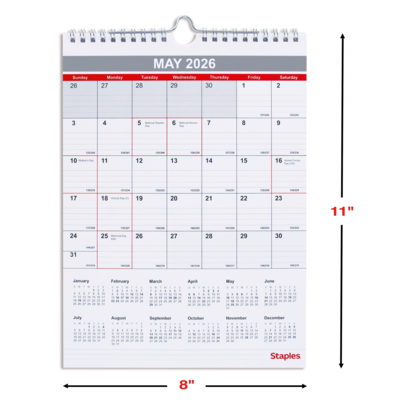 2026 Staples 8" x 11" Monthly Wall Calendar, White/Red/Gray (ST53922-26)