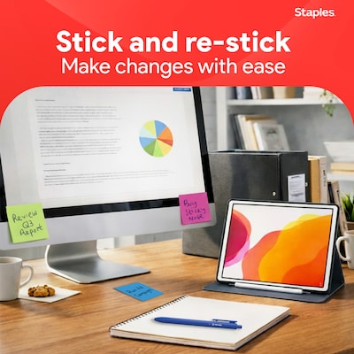 Staples Ultra Sticky Notes, 3" x 3", Summer Breeze Collection, 100 Sheets/Pad, 24 Pads/Pack (ST62882)