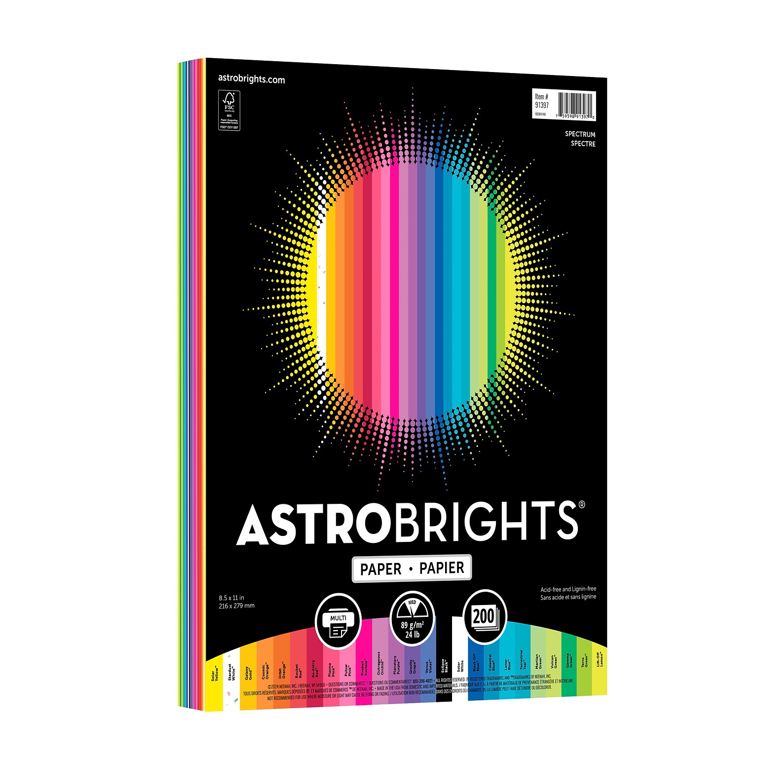 Astrobrights Colored Paper, 24 lbs., 8.5 x 11, Assorted Spectrum Colors, 200 Sheets/Ream (91397)