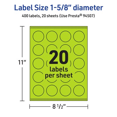 Avery Circle Multipurpose Labels, 1-5/8" Dia., Bright Green, 400/Pack (94507)