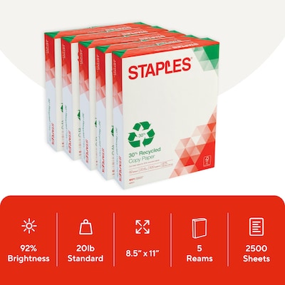 Staples 30% 8.5 x 11-Inch Copy Paper, 20 lbs., 92 Brightness, 500 Sheets/Ream, 5-Ream/Carton