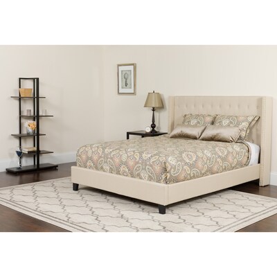 Flash Furniture Riverdale Tufted Upholstered Platform Bed in Beige Fabric with Pocket Spring Mattress, Queen (HGBM35)