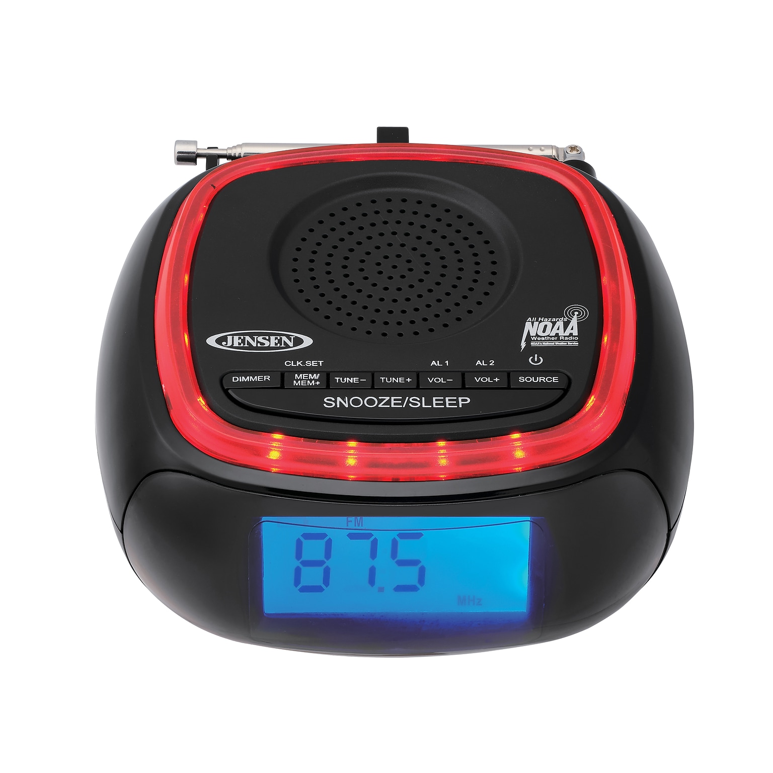 Jensen Wireless Digital AM/FM Alarm Clock Radio with NOAA Weather Alert, Red/Black (JEP-725)