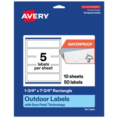 Avery Rectangle Laser Multipurpose Labels, 1.75 x 7.75, White, 50/Pack (19479399280)