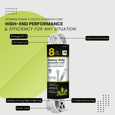 GoGreen Power 8' Extension Cord, 3-Outlet, 16 AWG, White (GG-19608)