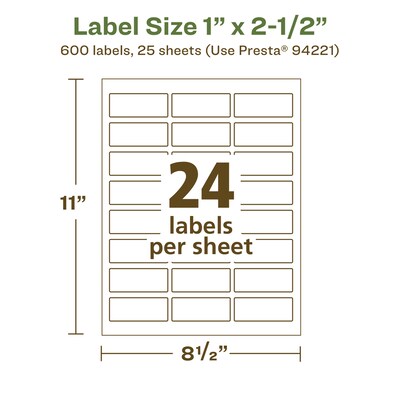 Avery EcoFriendly Laser/Inkjet Rectangle Multipurpose Labels, 1" x 2-1/2", White, 600/Pack (94221)