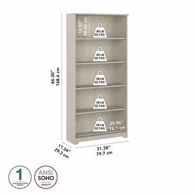Bush Furniture Cabot 66"H 5-Shelf Bookcase with Adjustable Shelves, Linen White Oak (WC31166)