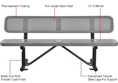 Global Industrial 6' Outdoor Steel Picnic Bench w/ Backrest, Perforated Metal, Gray (694557GY)