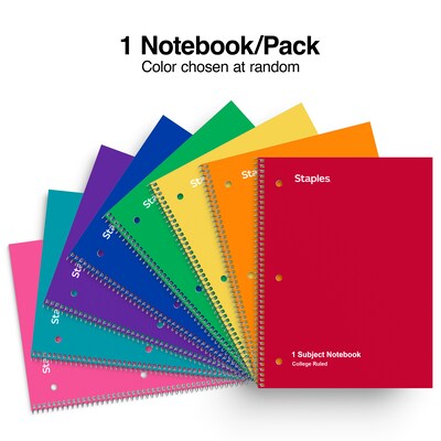 Staples® Poly 1-Subject Notebook, 8 x 10.5, College Ruled, 70 Sheets, Color chosen at random (ST54