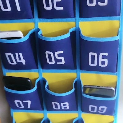 Kore Design Hanging Cell Phone Pocket Storage Classroom Organizer, 31.9 x 26.4, Blue/Yellow (KD-PS