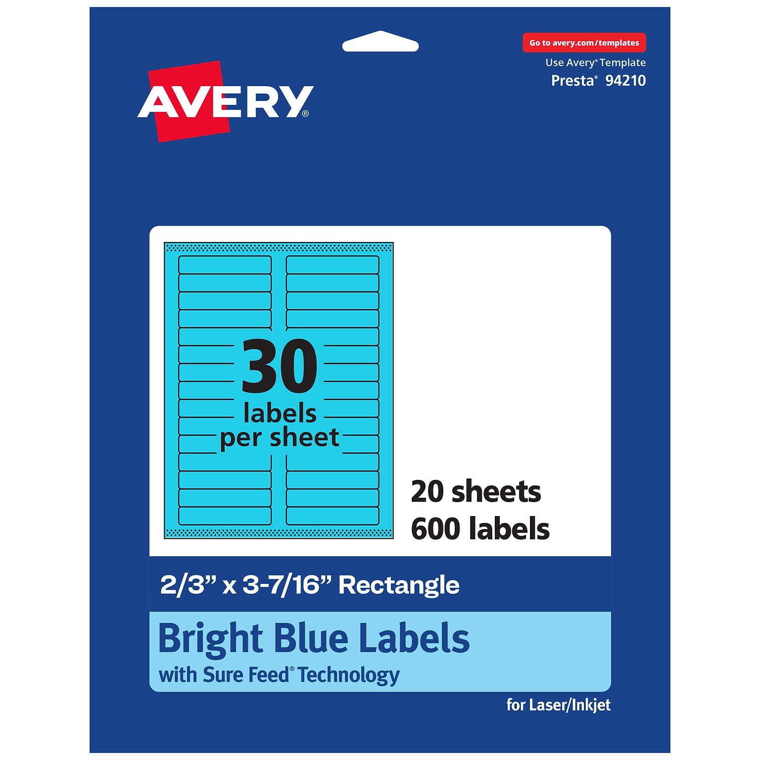 Avery Printable Rectangle Multipurpose Labels, 2/3 x 3-7/16, Bright Blue, 600/Pack (94210)