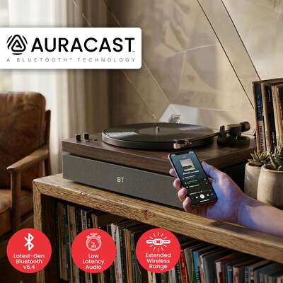 Audiosource AT33 Belt Drive turntable with 2.1 channel 120 watt Bluetooth Speakers, Walnut Woodgrain (AT3345WW)