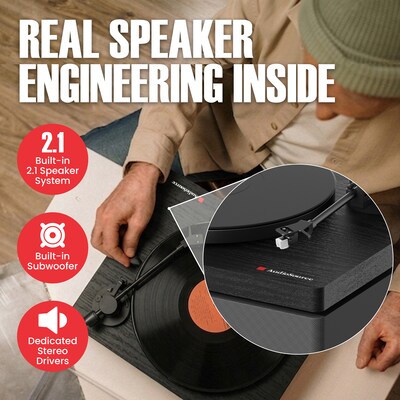 Audiosource AT33 Belt Drive turntable with 2.1 channel 120 watt Bluetooth Speakers, Black Woodgrain (AT3345BW)