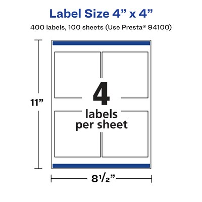 Avery Laser/Inkjet Multipurpose Labels, White, 4 Labels/Sheet, 100 Sheets/Pack (94100-WGP100)