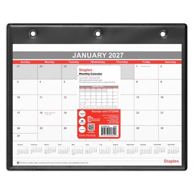 2027 Staples 11 x 8 Monthly Wall Calendar, White/Red/Gray (ST12949-27)