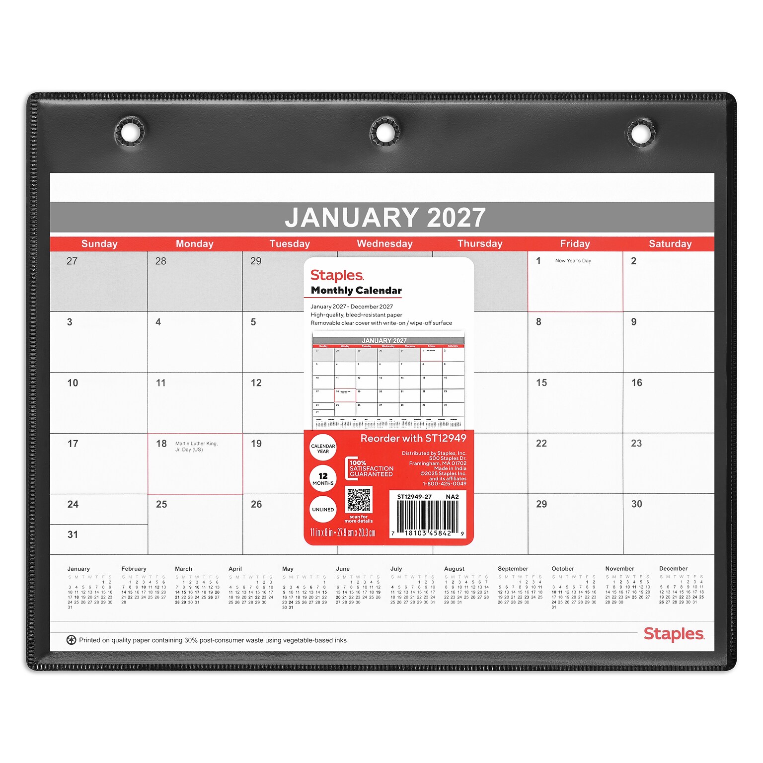 2027 Staples 11 x 8 Monthly Wall Calendar, White/Red/Gray (ST12949-27)