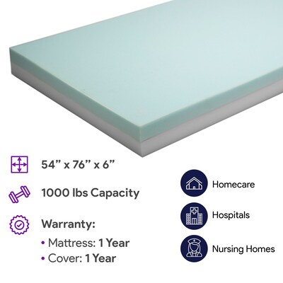 ProHeal Bariatric Foam Hospital Bed Mattress, Two Layered High-Density Foam, 54" x 76" x6" (PH-81067)