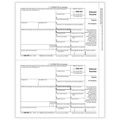 ComplyRight® 2023 1099-INT Tax Form, Recipient Copy B, 2-Up, 50/Pack (512150)