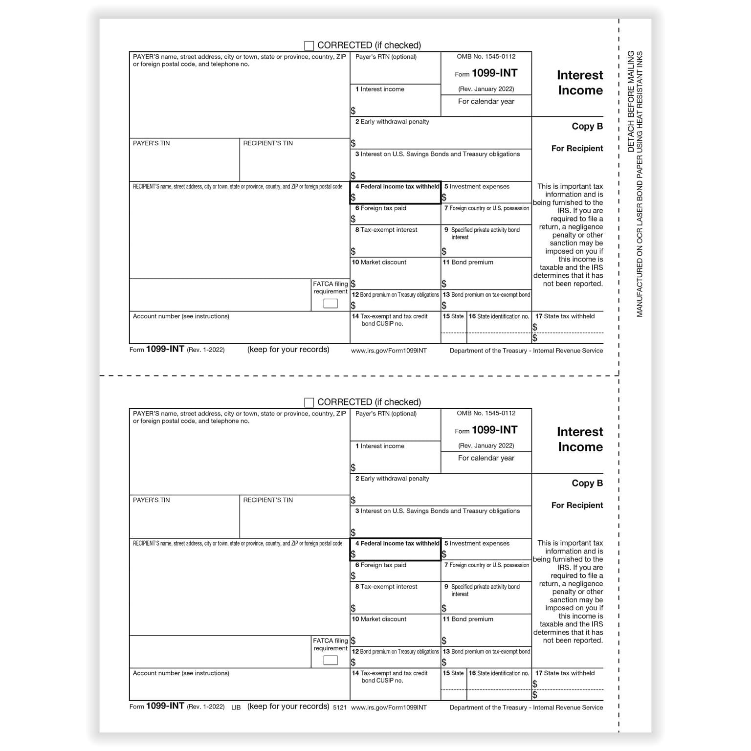 ComplyRight® 2023 1099-INT Tax Form, Recipient Copy B, 2-Up, 50/Pack (512150)