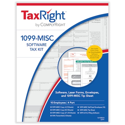 TaxRight 2026 1099-MISC Tax Forms Set with Envelopes & Software, 4-Part, 10/Pack (SC6103ES10)