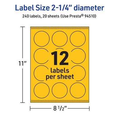 Avery Laser/Inkjet Round Multipurpose Labels, 2.25" Dia., Bright Yellow, 240/Pack (94510)