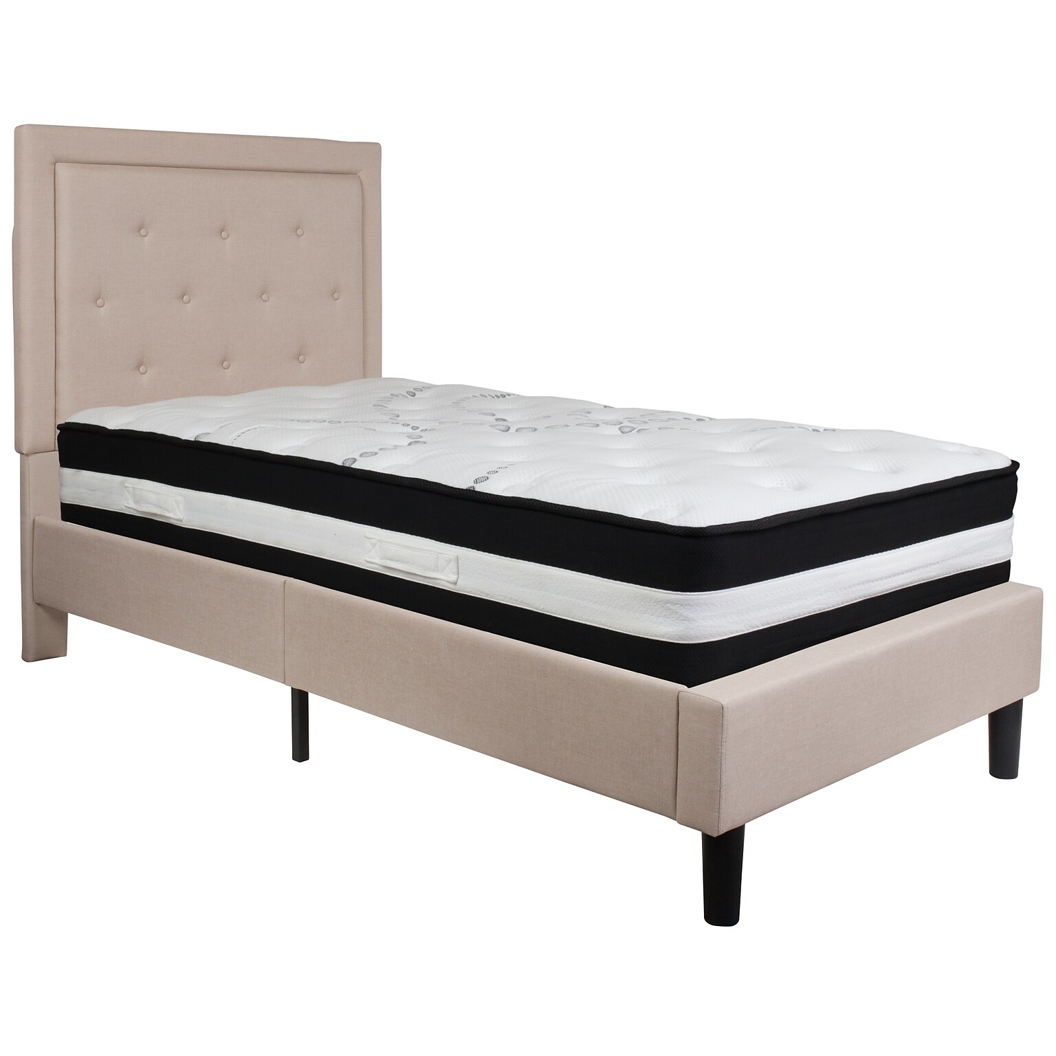 Flash Furniture Roxbury Tufted Upholstered Platform Bed in Beige Fabric with Pocket Spring Mattress, Twin (SLBM17)