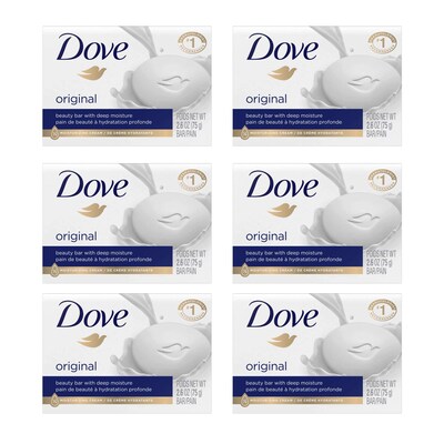 Dove Original Moisturizing Cream Beauty Bar Soap, 2.6 oz Bar, 6 Bars/Bag, 24 Bags/Carton