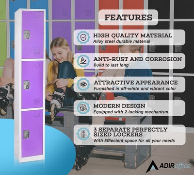 AdirOffice 72'' 3-Tier Purple Storage Locker (629-203-PUR)