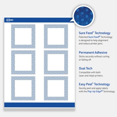 Avery Laser/Inkjet Square Multipurpose Labels, 3" x 3", White, 60/Pack (S00F8E)