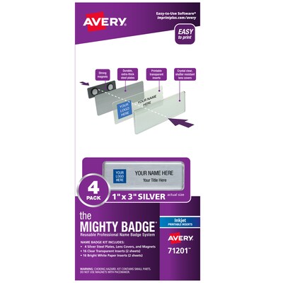 Avery The Mighty Badge Inkjet Reusable Magnetic Name Badge System, 1 x 3, Silver, 32 Inserts, 4/Pack (71201)