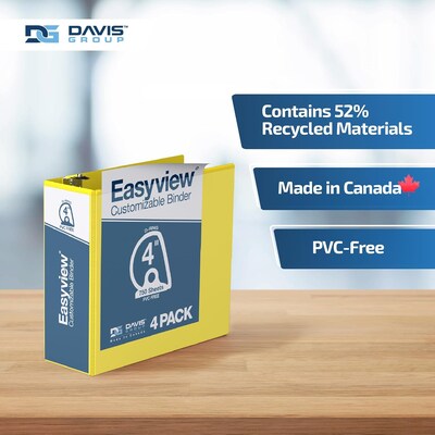 Davis Group Easyview Premium 4" Angle D Ring, Customizable, View Binder, Yellow, 4/Pack (8406-05)