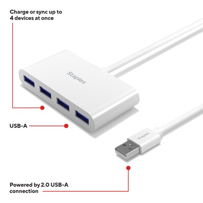 Staples TECH 4-Port USB 2.0 Hub, White (ST62376)