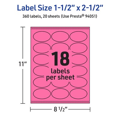 Avery Laser/Inkjet Oval Multipurpose Labels, 1.5" x 2.5", Bright Pink, 360/Pack (94051)