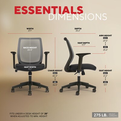 Staples Essentials Ergonomic Fabric Swivel Task Chair, Black (UN56947)