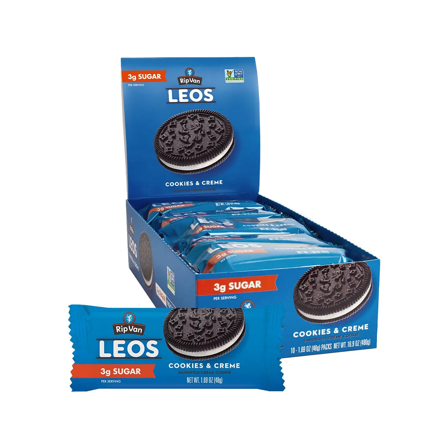 Rip Van Leos Cookies & Cream Sandwich Cookies, 1.69 oz., 10 Packs/Box (0009)