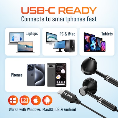 Delton 18EC Wired Earbuds & 2-in-1 USB-C Splitter Adapter Bundle, Black (DWH18ECBKKT1)